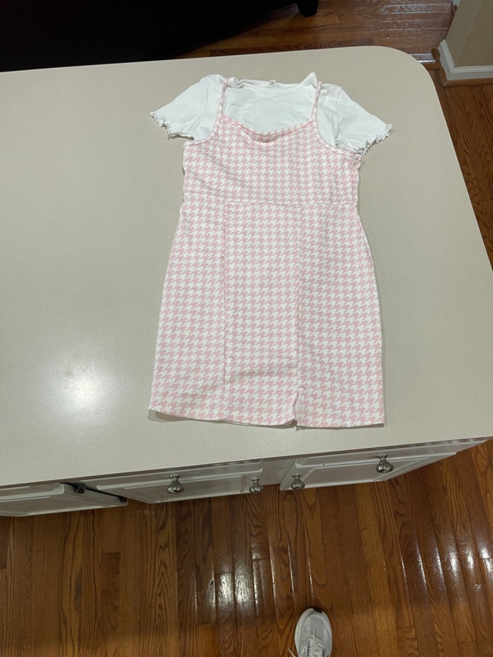 btween Pink Houndstooth Pinafore Dress with White Tee